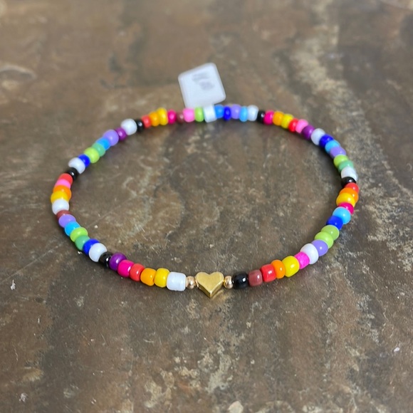 NWT Candy Did It! Handmade Bright Color Beaded Tiny Gold Heart Stretch Anklet - Picture 2 of 4